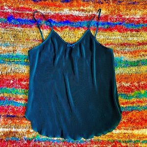 Dark Green Ribbed Satin Tank Top With Bow and Lettuce Trim
